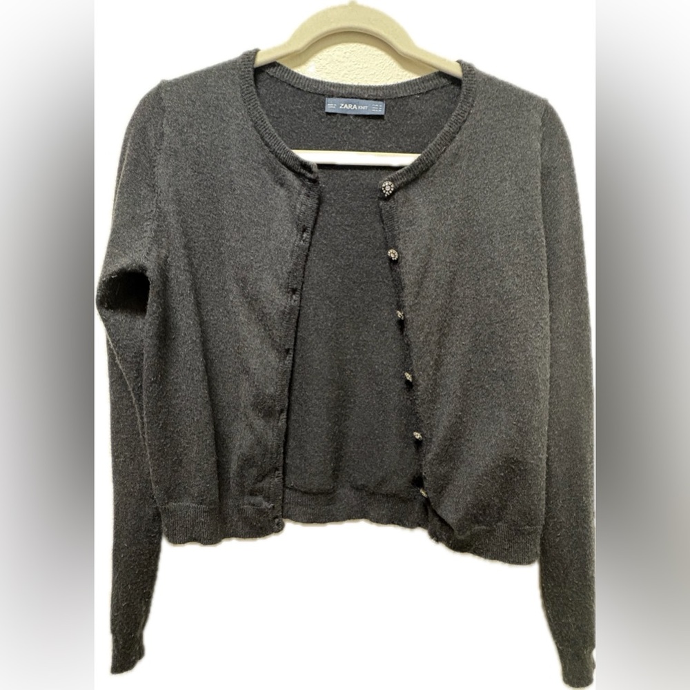 ZARA Grey Knit Cardigan with Jewel Buttons – Size M - with original spare button